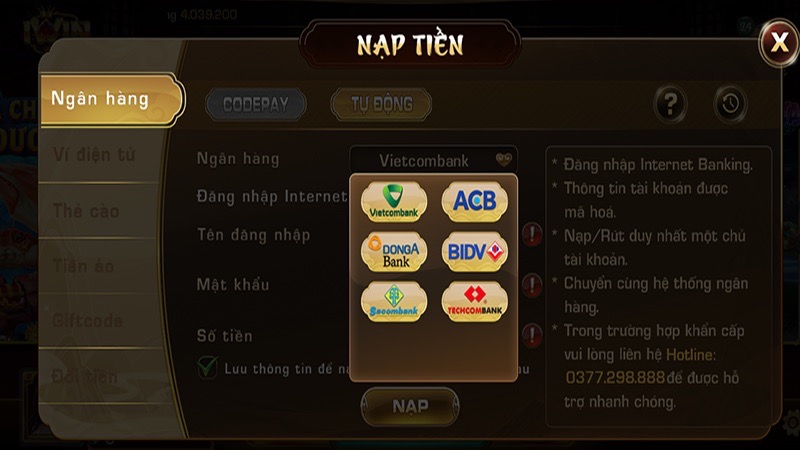Nạp tiền vào cổng game Kwin đơn giản 