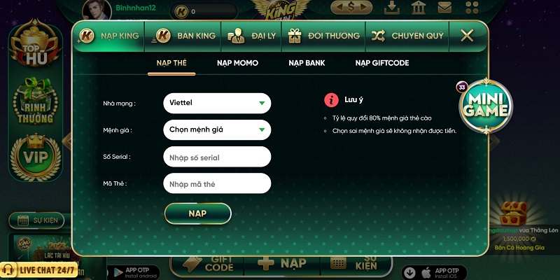 Hướng dẫn cách nạp tiền vào King fun