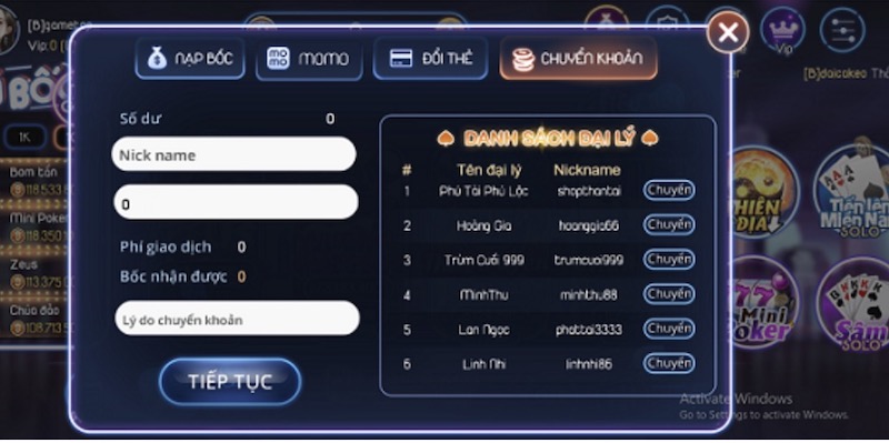 Các bước nạp tiền Boc club